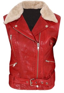 Women Red Genuine Leather Vest <b>Fur</b> Collar Winter Waistcoat - Product Image 1