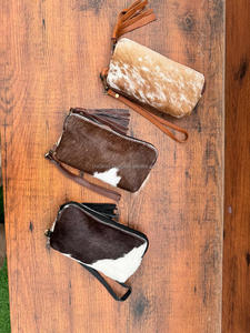 Venta caliente hecho a mano de cuero de vaca borla bolsa occidental de cuero genuino Boho cartera pelo en ocultar cremallera embrague para mujer - Product Image 3