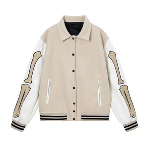 Chaqueta Varsity Marrón para Hombre con Apliques de Esqueleto, Mangas de Cuero PU, Estilo Urbano de Invierno, Cuello Mandarín, Logotipo Frontal, Forro de Algodón - Product Image 3
