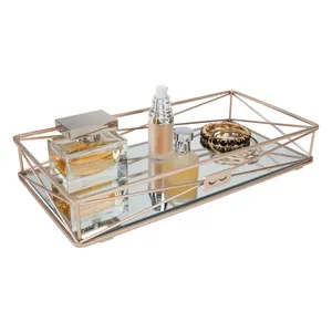 Bandeja Decorativa Premium para Mesa de Centro, para Interiores de Hogar de Lujo Contemporáneo, Bandeja Rectangular de Vidrio con Marco Metálico Geométrico, para Cosméticos - Product Image 1