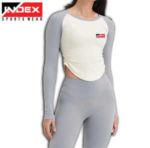 INDEX SPORTSWEAR Camiseta Deportiva de Manga Larga para Mujer, Cuello Redondo, Color Sólido, Secado Rápido, Ajuste Deportivo, Gris Blanco - Product Image 1
