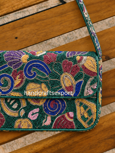 Handmade Durable Beaded Satin Embroidery Flap Shoulder <b>Bag</b> Women's Bohemian Crossbody Purse Single <b>Strap</b> Floral Pattern - Product Image 5