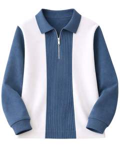 Sudadera Polo Personalizada para Hombre, Azul y Blanca, con Cierre de Cremallera de un Cuarto, Paneles Acanalados, Estilo Casual, Forro Polar, Manga Larga, Ropa Urbana - Product Image 1