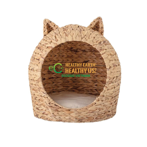 Handmade Woven <b>Cat</b> Cave House – Round Water Hyacinth Pet Nest with Washable Cushion - Product Image 1