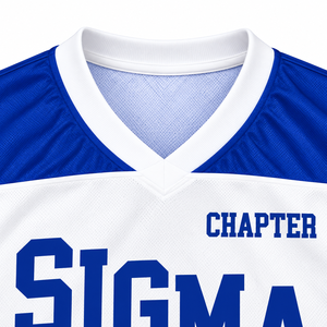 เสื้อฮอกกี้ผู้ชายสีน้ำเงินรอยัล-ขาว ยี่ห้อ Sigma Chapter แขนยาว คอวี ชุดกีฬาพร้อมลายพิมพ์ตัวอักษรแบบหนา ลายทาง แบบสั่งทำพิเศษ - Product Image 6