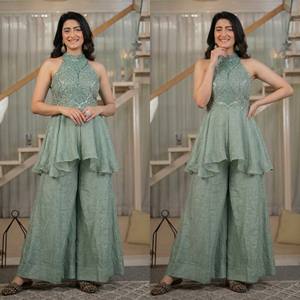 Conjunto de Salwar Kameez con Cuello Halter y Estampado Digital en Seda Brillante para Vestimenta Étnica India, Ropa de Fiesta Bollywood para Mujer - Product Image 5