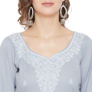 Tissu de robe non cousu en coton tissé Chikankari gris ardoise Safaa - Ensemble ethnique indien 3 pièces et dupatta assorti pour femmes - Product Image 3