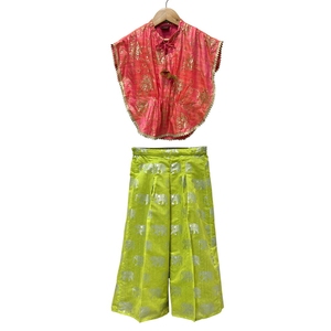 Ensemble haut tissé orné et pantalon palazzo Twisha, corail et vert citron, vêtements ethniques pour femmes - Product Image 1