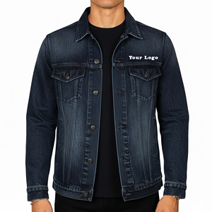 2025 New Arrived Casual Wear Dark Blue Stone Washed Men's Denim Jacket Turn <b>Down</b> Collar Zip Up Closure Heavyweight Jacket - Product Image 1