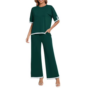 Survêtement vert pour femme, manches courtes, col rond, coupe ample, pantalon long, poches latérales, taille élastique, tenue décontractée d'été - Product Image 1