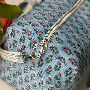 Blue Floral Quilted <b>Duffel</b> <b>Bag</b> With Striped Handles Zipper Closure Portable Travel Weekender <b>Bag</b> - Product Image 5