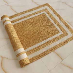 Alfombra de Yute Tejida a Mano Estilo Boho Farmhouse, Elegante Borde Blanco, Alfombra de Fibra Natural, Decoración Rústica Chic para el Suelo - Product Image 1