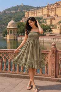 Olive Green Striped Strapless Modern 100% Cotton Summer <b>Dress</b> Shoulder Smocked Midi Sundress Casual Beach <b>Ruffle</b> Holiday - Product Image 4