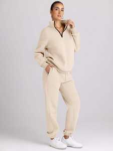 Ensemble deux pièces pour femme, sweat-shirt et pantalon de jogging écologiques, beige clair, polaire, pull court à demi-zip, vêtements décontractés - Product Image 3
