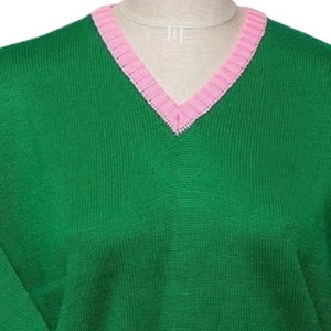 University Style Preppy Green V Neck <b>Pullover</b> <b>Sweater</b> with pink Trim Women's Knitted Thick 100% Acrylic Long Sleeve - Product Image 2