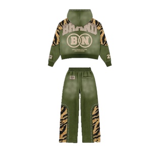 Unisex <b>Vintage</b> Tracksuit Set Olive Green Solid Hooded Sweatshirt <b>Pants</b> Full Sleeve Zipper Front Streetwear Winter Wear 100% - Product Image 2