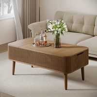 Table basse moderne en bois avec plateau relevable, tiroirs latéraux de rangement dissimulés et plateau surélevé, table centrale multifonction pour salon