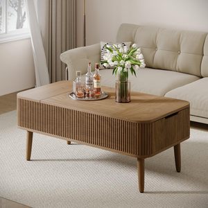 Table basse moderne en bois avec plateau relevable, tiroirs latéraux de rangement dissimulés et plateau surélevé, table centrale multifonction pour salon - Product Image 3