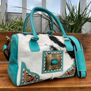 Mini sac polochon en cuir de vachette usiné à la main avec logo personnalisé pour week-end pierre turquoise Organisateur de voyage en cuir véritable style de vie - Product Image 4