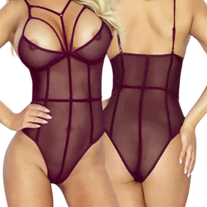 Women's Burgundy Mesh Bodysuit See Through Hollow Out Sexy Lingerie With Chest Pad - Product Image 4