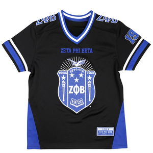 Maillot de football Zeta Phi Beta pour femmes, maillot de sororité ZPB noir et bleu, chemise athlétique à col en V, vêtements grecs, style HBCU - Product Image 1
