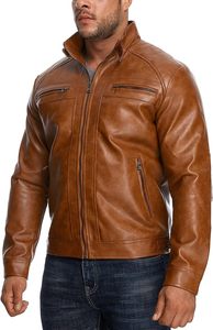 Men Brown PU Leather Moto <b>Biker</b> <b>Jacket</b> Zipper Front Stand Collar Regular Sleeve Solid Color Autumn Style OEM Service Knitted - Product Image 6
