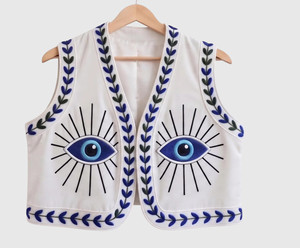 Chaleco sin mangas blanco para mujer con patrón de ojos bordado, estilo bohemio, cuello en V, decoración con bordado a mano - Product Image 1