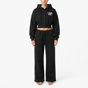 Ensemble sweat à capuche court noir et pantalon de jogging large pour femme, manches longues, 100 % coton molletonné, coupe décontractée - Product Image 5
