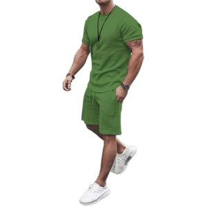 Conjunto deportivo de dos piezas para hombre, cuello redondo, manga corta, color sólido, tejido de punto, con logo personalizado impreso, informal, transpirable, para entrenamiento. - Product Image 1