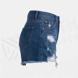 Shorts de mezclilla de algodón para mujer, de cintura alta, desgastados, casuales de verano, con estampado, deshilachados, con botones, talla grande, color personalizable - Product Image 3
