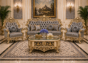 Ensemble de canapés gonflables carrés de style persan de luxe avec feuilles dorées sculptées, meubles de salon de style Maharaja haut de gamme, 5 places - Product Image 4