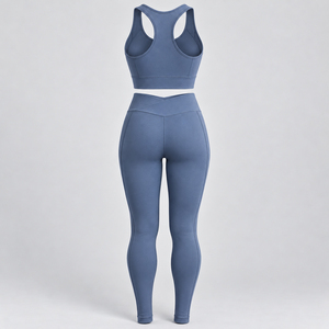 Conjunto de Sujetador Deportivo Racerback Azul Pizarra Sólido y Leggings de Cintura Alta para Mujer, Ropa Deportiva con Costuras Esculpidas para Yoga, Gimnasio y Entrenamiento OEM - Product Image 3