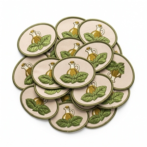 Parche personalizado al por mayor, ovalado, con diseño de hoja de albahaca y aceite de oliva, borde beige de sarga, para coser o termoadhesivo - Product Image 1