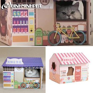 Cardboard Cat Cottage as <b>Play</b> <b>House</b> or Sleep Bed of Easy to Assemble Carton with Window for Kittens ( Pink tone) - Product Image 6