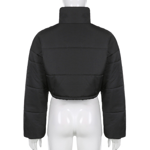 <b>Women's</b> <b>Black</b> Cropped Quilted Puffer Jacket Stand Collar Zip Up <b>Winter</b> <b>Coat</b> - Product Image 2