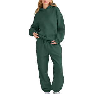 Ensemble de survêtement à capuche pour femme, couleur unie, manches longues, décontracté, respirant, coupe ample, 100 % coton, poids moyen, pantalon de jogging pour l'automne - Product Image 4