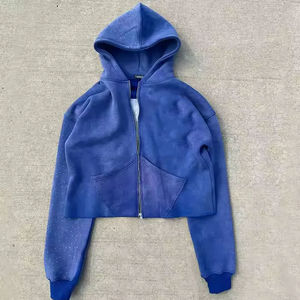 Sudadera con capucha para hombre OEM Streetwear Vintage con efecto desgastado por el sol, bordado de apliques personalizado, estampado de pedrería, corte holgado, estilo cropped y oversize, con cremallera - Product Image 6