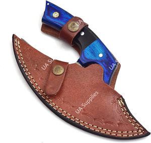 Cuchillo de Chef Ulu de Acero de Damasco con Hoja Afilada, Mango de Madera y Hueso, Acabado Cepillado, Funda de Cuero, Ambidiestro, para Corte Profesional - Product Image 6