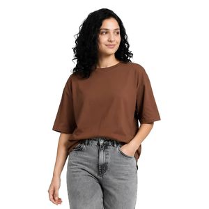 T-shirt en coton à col rond pour femme, coupe ample, manches courtes, couleur unie, tissu jersey, à porter toute l'année - Product Image 1