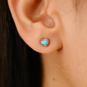Light Weight Minimalist Dainty Bezel Set <b>Turquoise</b> Gemstone Heart Shape <b>Stud</b> <b>Earrings</b> Graduation Gift 14K White Gold Jewelry - Product Image 2