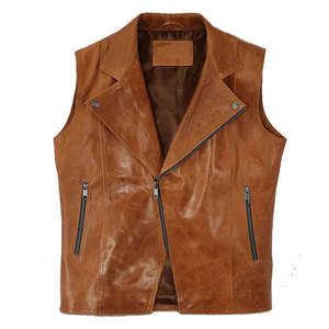 Gilet en cuir véritable pour homme, col en V, fermeture éclair sur le devant, couleur unie, coupe-vent, veste de moto, coupe régulière, vêtements d'hiver en polyester - Product Image 4