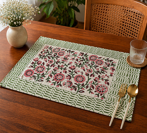 Floral Hand Block Print Table Mat Set 100% Cotton Placemats Washable Dining Decor Handmade Masterpiece Kitchen Linen Set - Product Image 1
