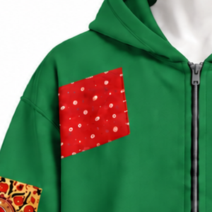 Sudadera con capucha y cremallera completa de patchwork verde, estilo oversized, con estampado de parches, informal, estilo streetwear para hombre. - Product Image 5