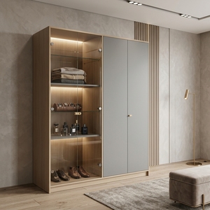 Mueble de Salón Moderno con Puertas de Vidrio y Paneles Gris Oscuro, Estantes Ajustables, Mueble de Almacenamiento de Madera - Product Image 4