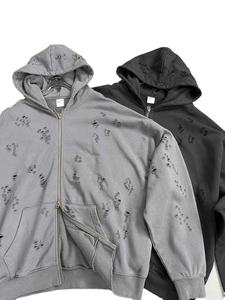2025 hommes Streetwear survêtement lavage à l'acide bouffée impression ZIP up sweat à capuche hommes sweat ensembles plaine Vintage en détresse à capuche - Product Image 2