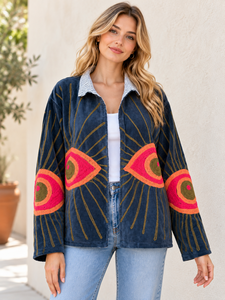 Veste en velours bleu foncé brodée à la main en Inde, style Suzani floral bohème, manteau d'hiver pour femmes - Product Image 1