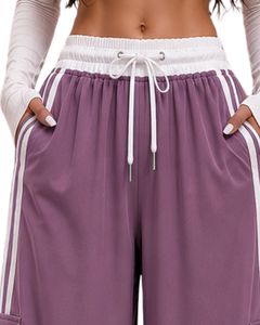 Pantalon cargo ample violet lavande pour femme, taille haute, avec cordon de serrage, poches latérales, style décontracté streetwear - Product Image 6