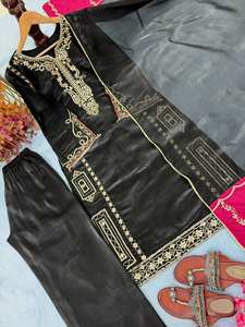 Black Designer Embroidered Silk <b>Kurti</b> Plazzo Dupatta Set - Product Image 3