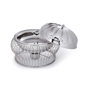 Elegant Silver Chafing Dish Featuring A Pumpkin Shaped Lid Cage <b>Stand</b> And Serving Spoon Ideal For Fine Dining Wedding Events - Product Image 2