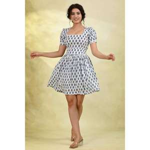 Vestido Mini Lavable Ecológico con Estampado Floral Azul y Blanco para Mujer, Manga Abullonada, Cuello Redondo, Vestido Casual de Verano para Fiesta - Product Image 1